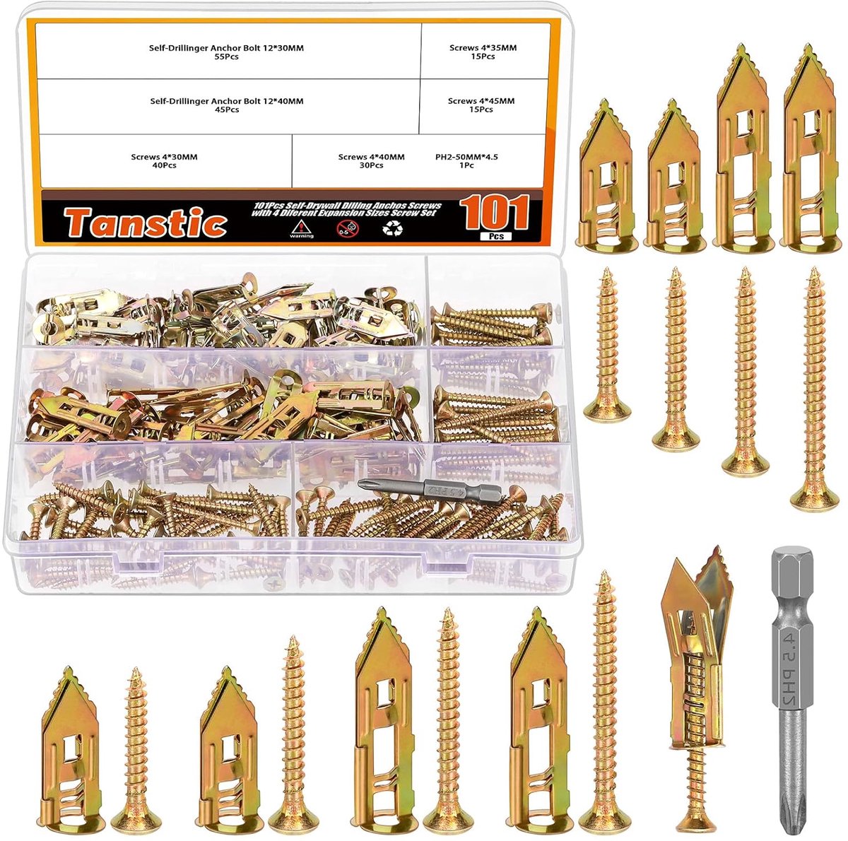 Tanstic Pack of 100 Self Drilling Drywall Anchors with Screws, 4 Different Sizes, Dry Wall Screws, No Drilling or - ShopVlot