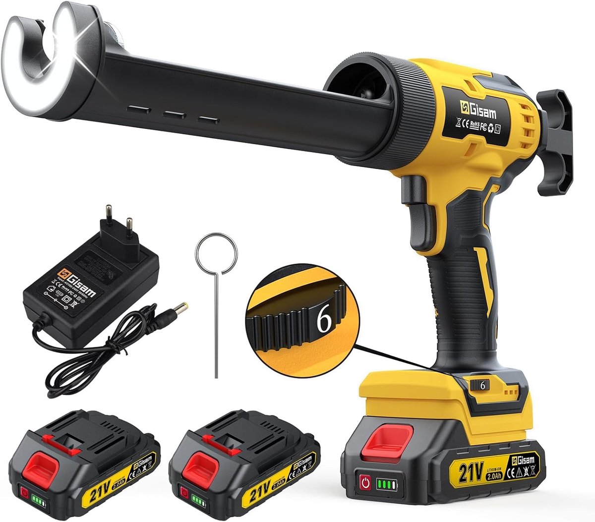 Cordless cartridge gun with 2 x 2000 mAh battery, maximum pressure 4000 N, for 310 ml cartridges, 6 speeds, electric - ShopVlot