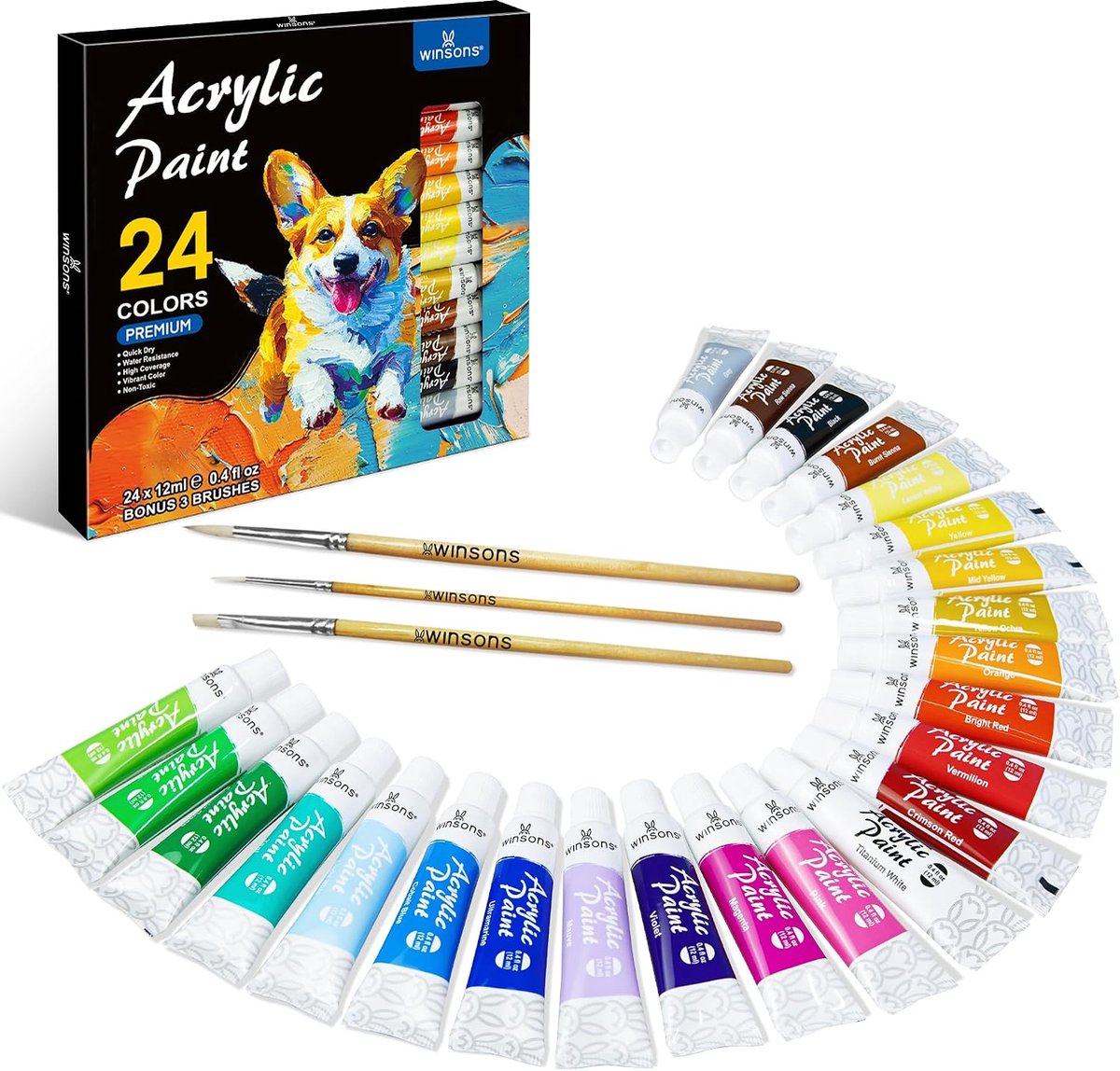 WINSONS Acrylic Paint Set - 24 Colors for Canvas, Ceramics, Crafts, Fabric, Wood, Paper, Rock Painting - ShopVlot