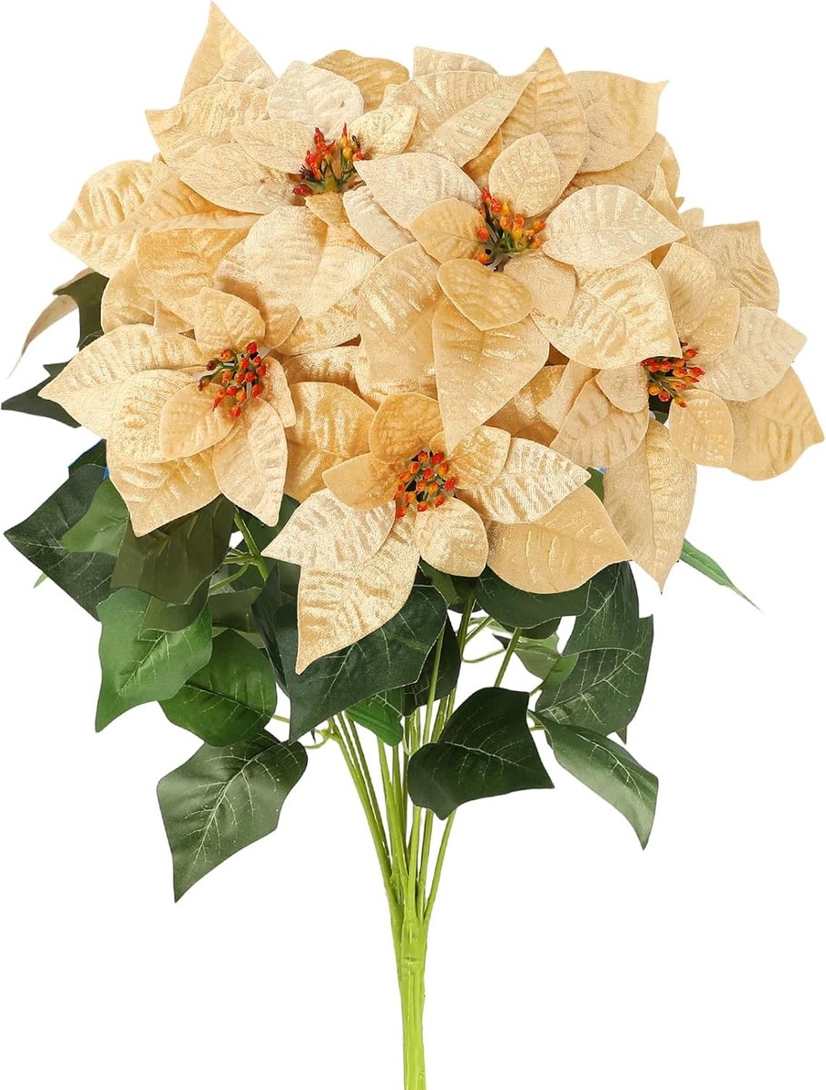 2pcs Artificial Poinsettia Shrubs 7 Heads Silk Gold Poinsettia Bushes for Christmas Tree, Xmas Garland, Vase, Window - ShopVlot
