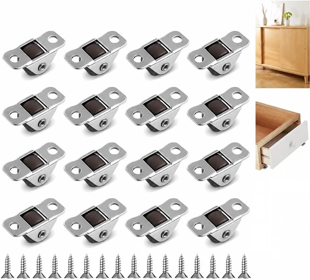 Draaibare mini-meubelwielen met rubberen loopvlak - 16 stuks van 1,2 cm voor kasten, gereedschapskisten en meubels, perfect voor DIY-projecten