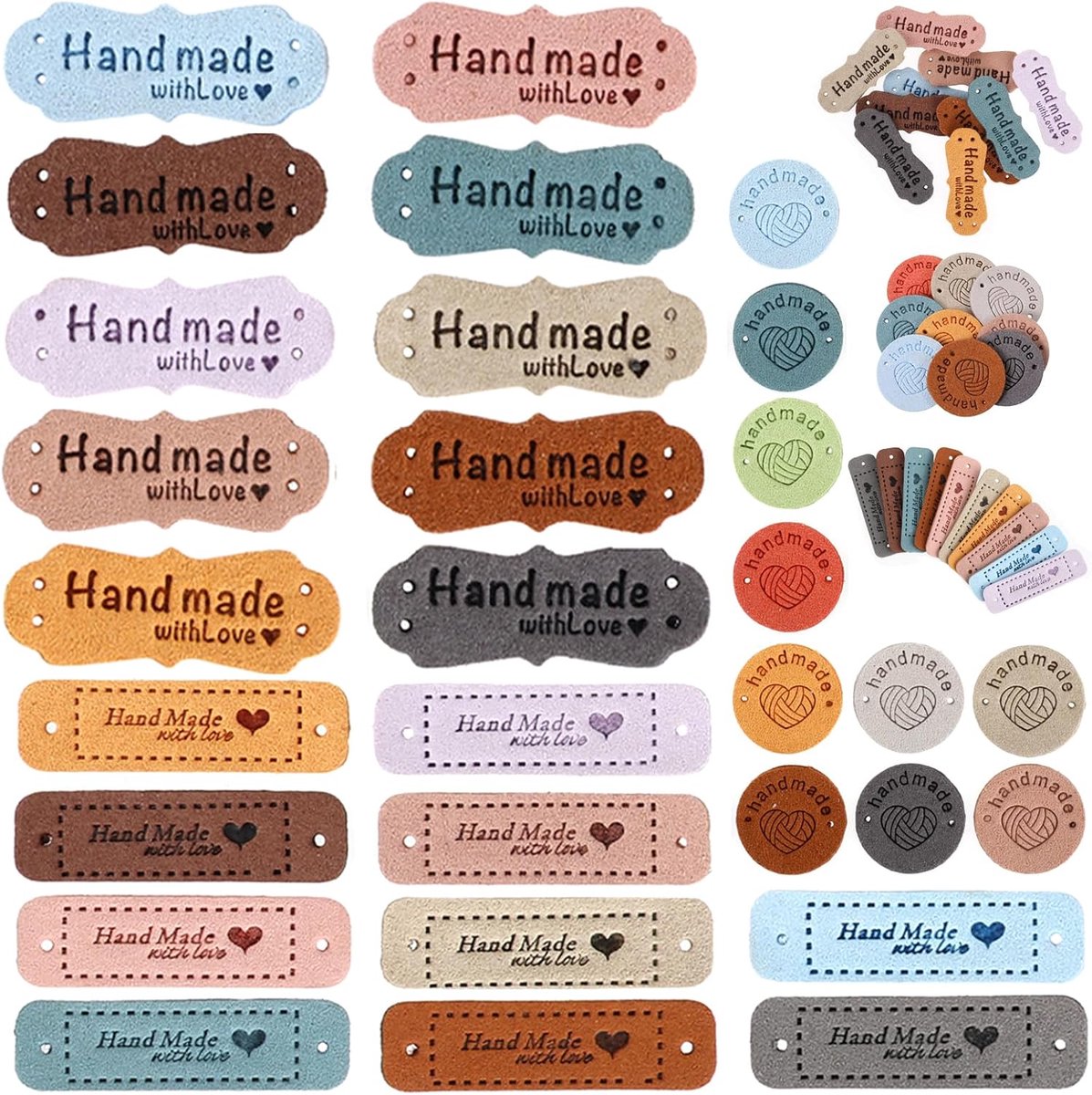 Pack of 60 Handmade Labels for Sewing, 3 Styles, Handmade Leather Labels, Microfibre, Leather Labels with Holes, with - ShopVlot