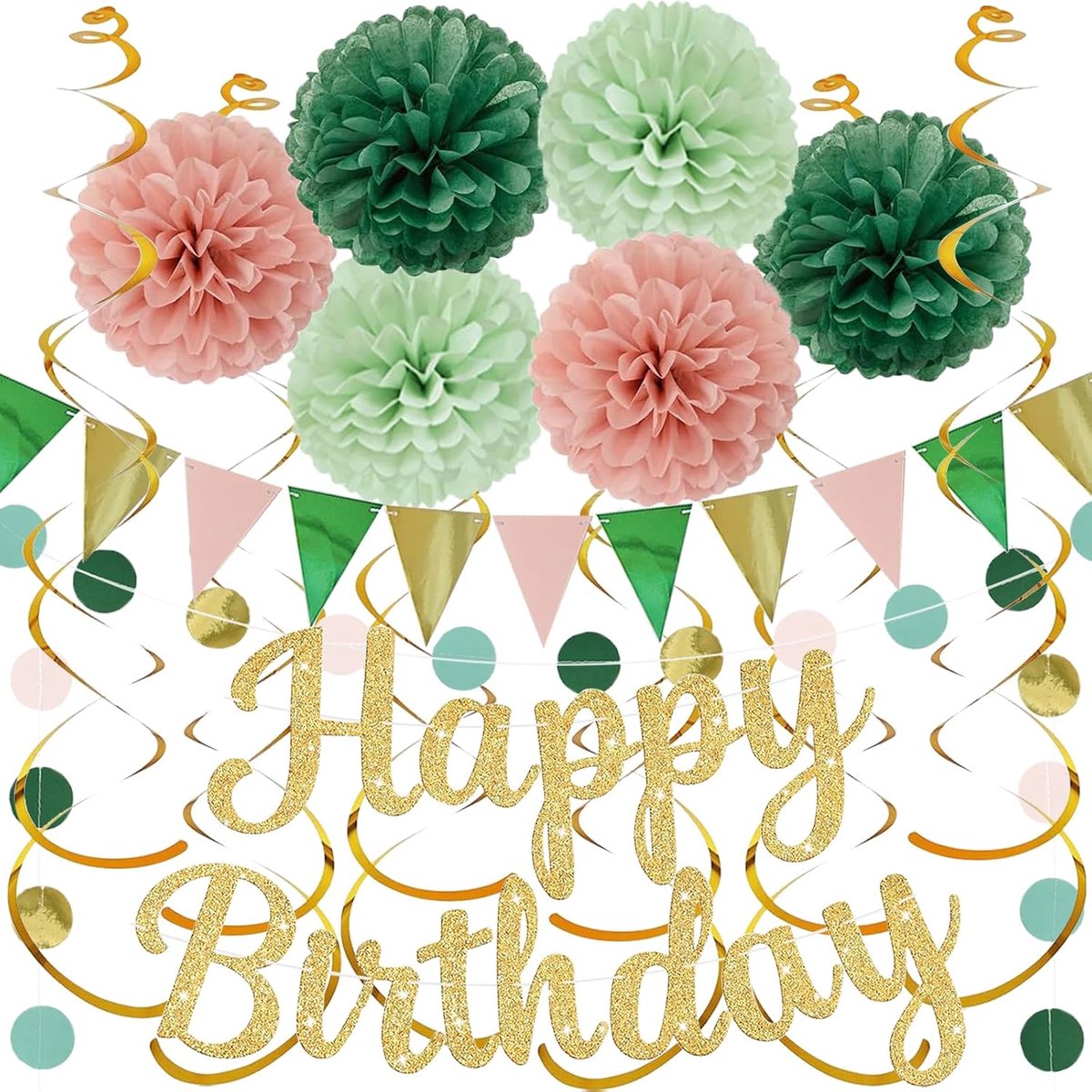 Verjaardagsdecoratie - Sage groen - Pompoms en slingers - Creëer een feestelijke sfeer - ShopVlot