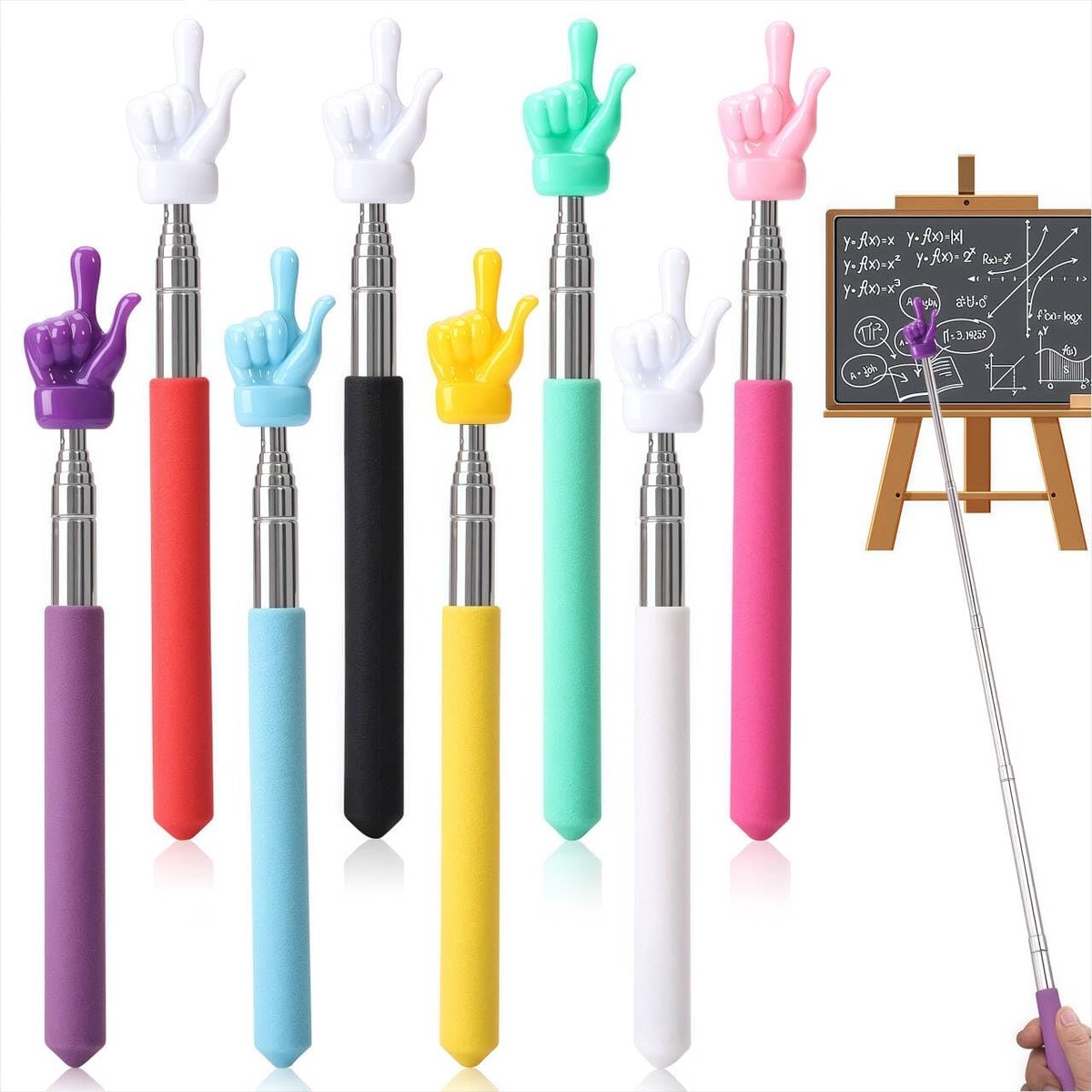 Telescopische aanwijzer 8 stuks - kleurrijke handen - lichtgewicht en duurzaam - ideaal voor presentaties in de klas - ShopVlot
