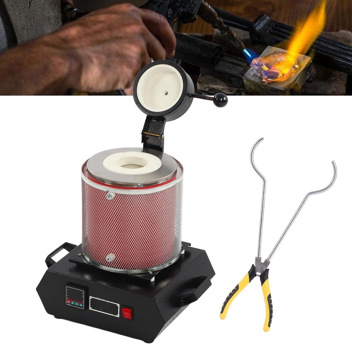 Elektrische Smeltoven 3KG met Grafieten Kruik voor Metaalverwerking, Ideaal voor Koper, Aluminium, Messing en Zilver Smelten (EU Plug 220V)