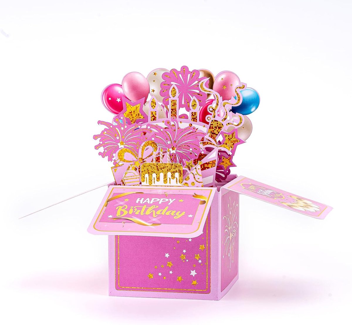 Pop-up Birthday Card, 3D Birthday Cake and Fireworks Card, Cube Greeting Card, Pink - ShopVlot