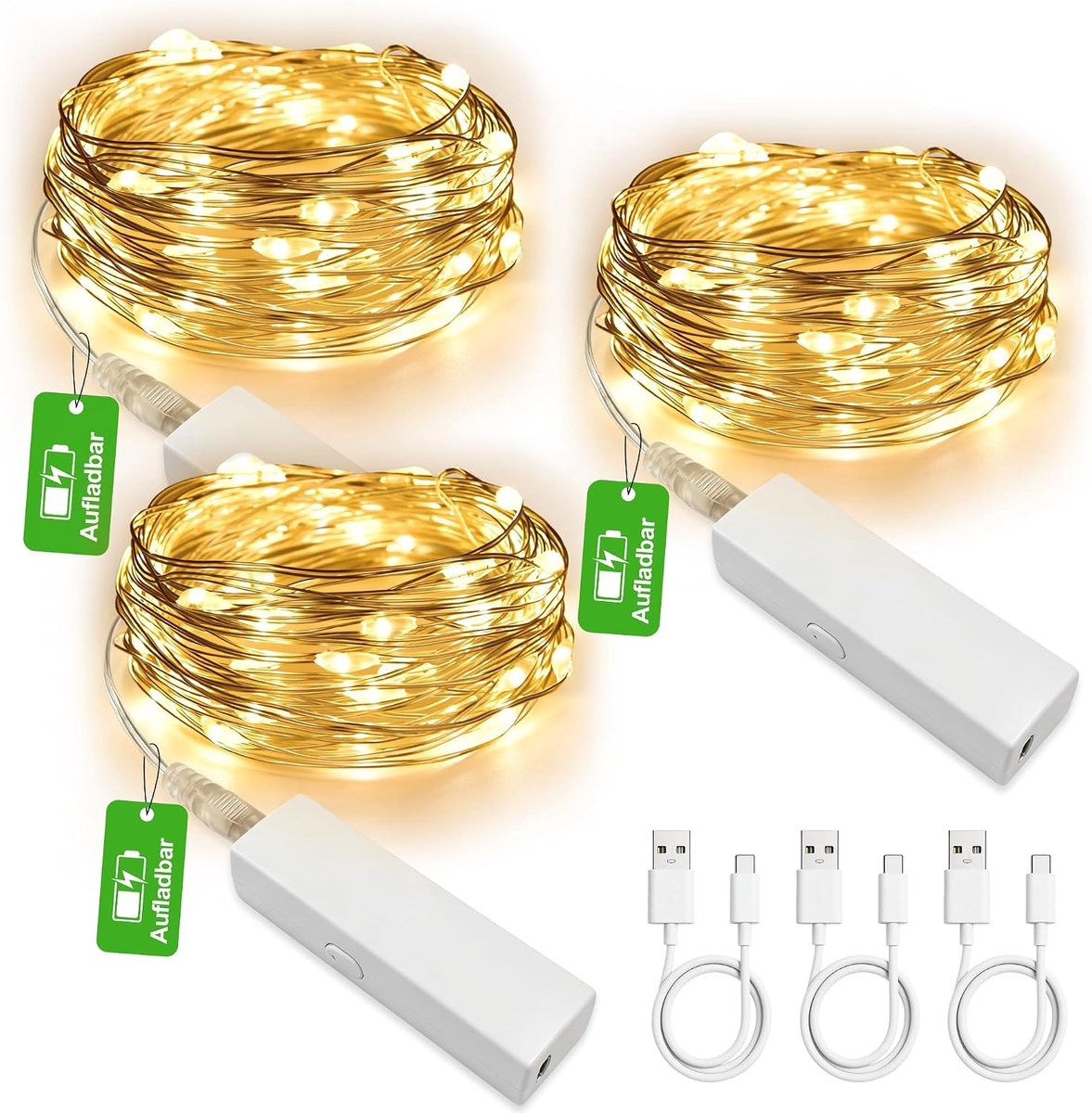 Mini-oplaadbare lichtketting met timer, 3 m, 30 leds, warmwit, met oplaadbare USB-kabel, waterdicht, 8 modi - ShopVlot
