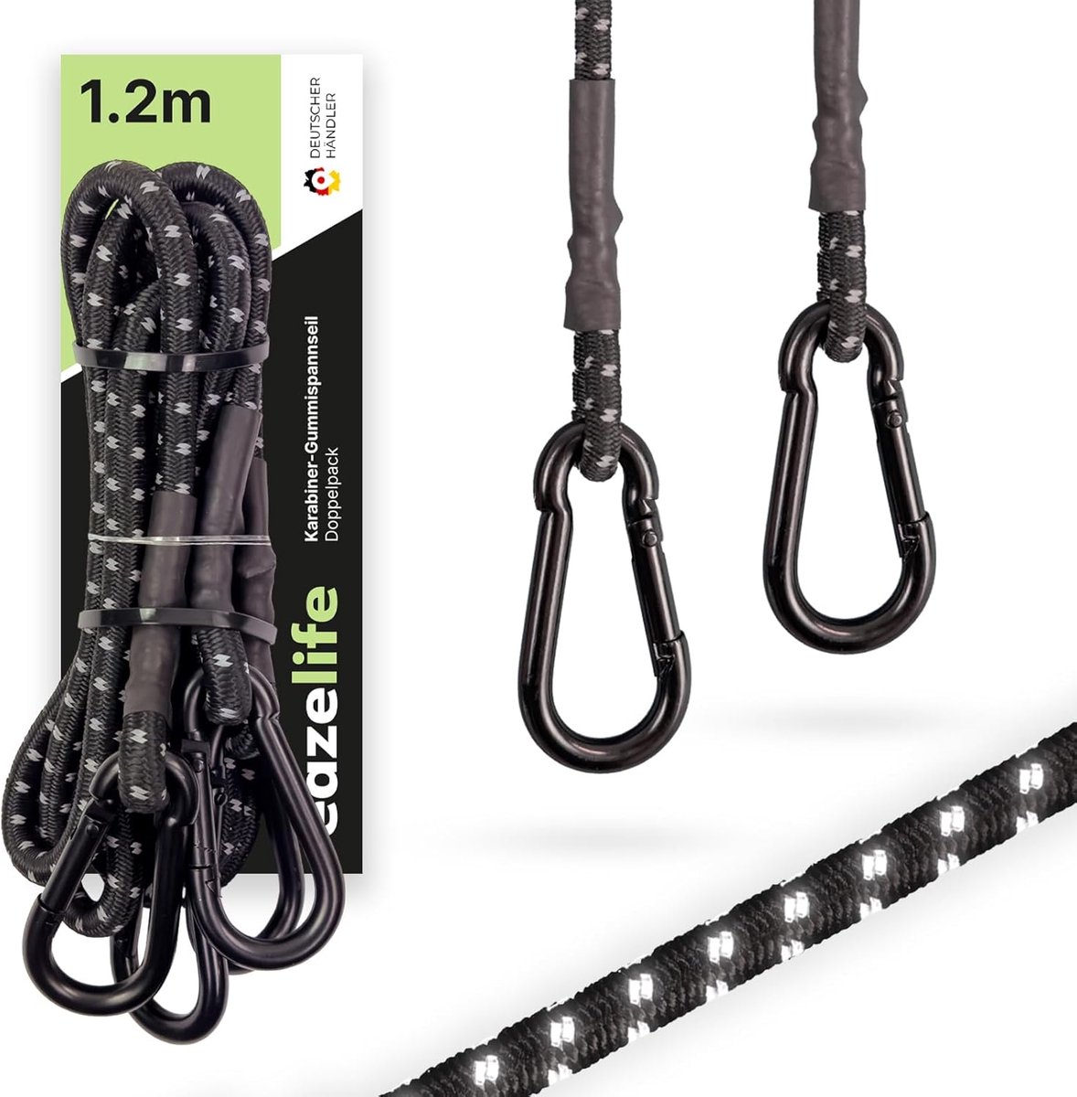Set of 2 Snap Fasteners with Carabiner Hook 60 cm / 120 cm Reflective Extremely Durable Robust Safe Black Expander - ShopVlot
