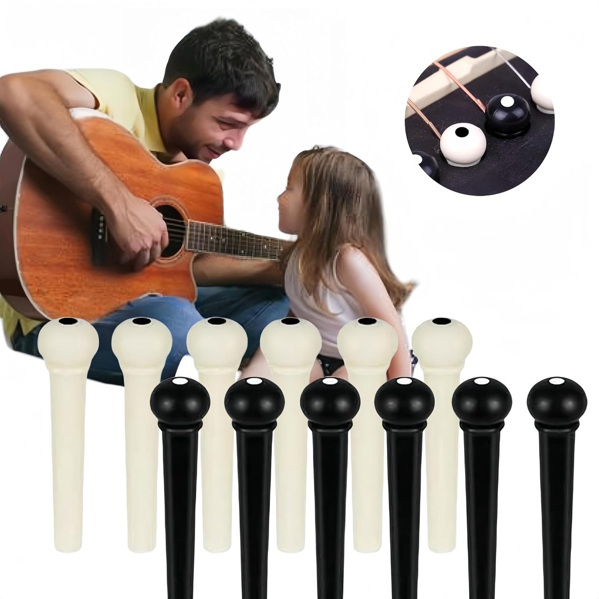 Guitar Bridge Pins 12 Stuks - Kunststof - Wit en Zwart - Voor Vervanging van Akoestische Gitaar - ShopVlot