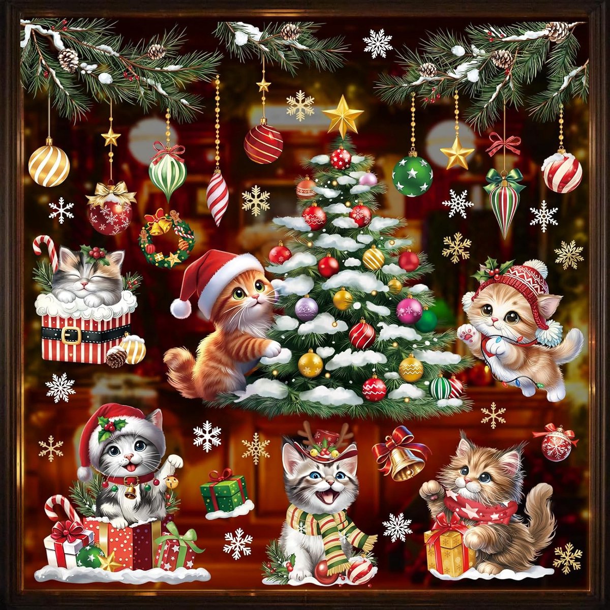 Raamstickers kerst katten - 3D raamstickers kerstboom - sneeuwvlokken - eenvoudig aan te brengen - ShopVlot