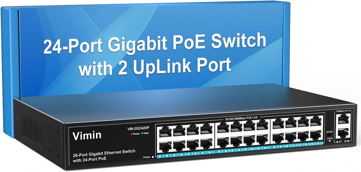 Gigabit PoE Switch 26 Poorten - 24 PoE+ en 2 Gigabit Poorten - Metalen behuizing - Eenvoudige VLAN-instelling - ShopVlot