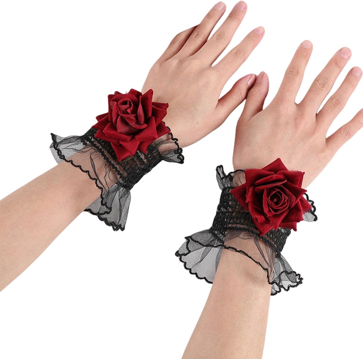 Lace handschoenen zwart - elastische polsband - wijnrode bloem - perfect voor Halloween - ShopVlot