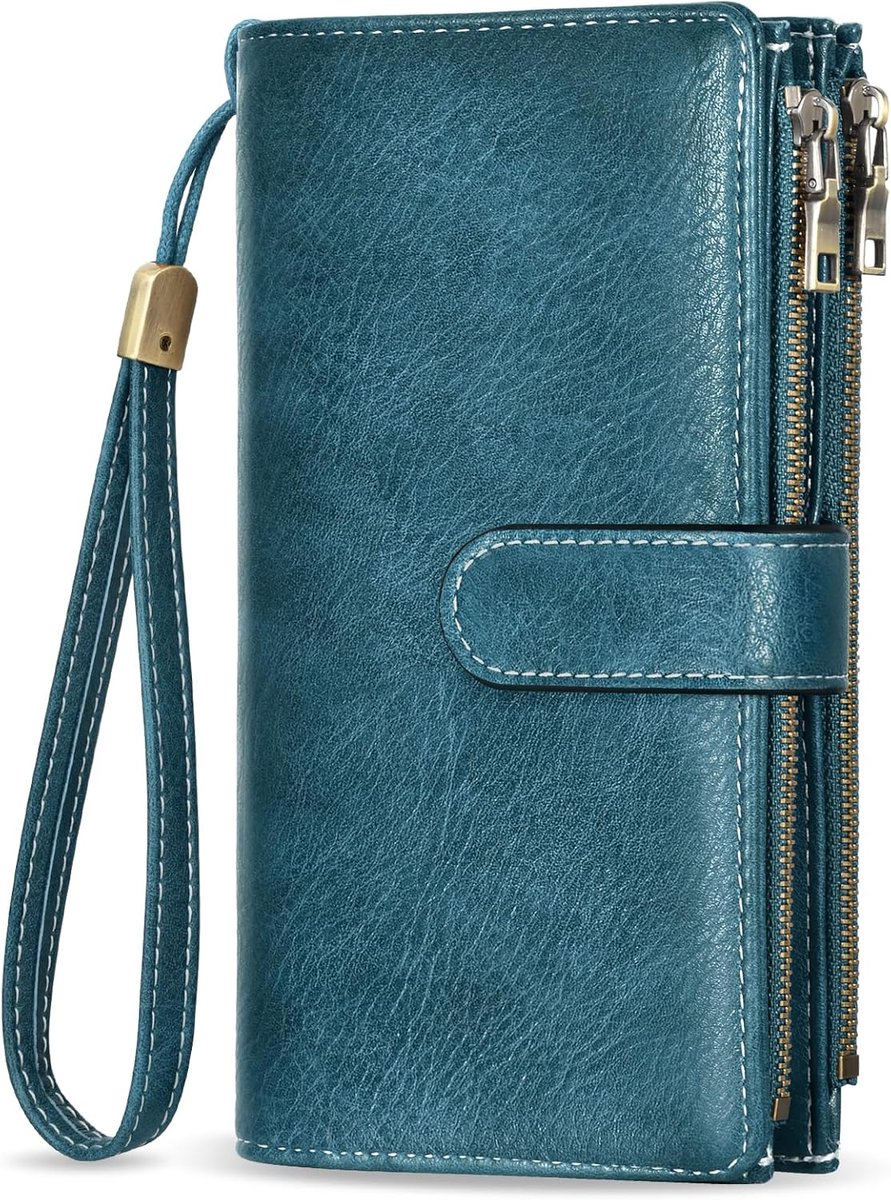 Dames grote vintage leren portemonnee - RFID blokkering - 16 kaartvakjes - Handige schouderband - ShopVlot