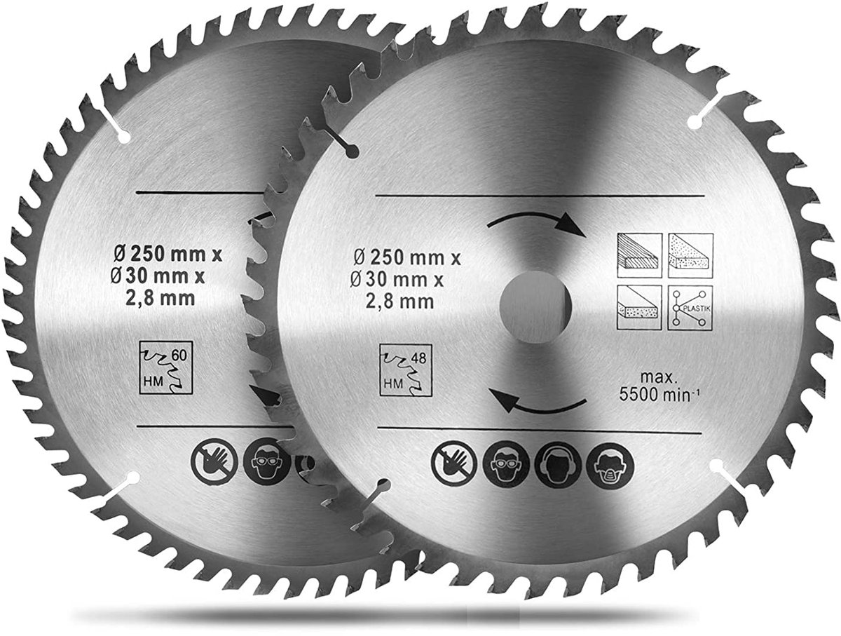Cirkelzaagblad 250mm - Tungsten carbide 48T & 60T - Voor snijden van hard en zacht hout - Hoogwaardige zaagkwaliteit - ShopVlot
