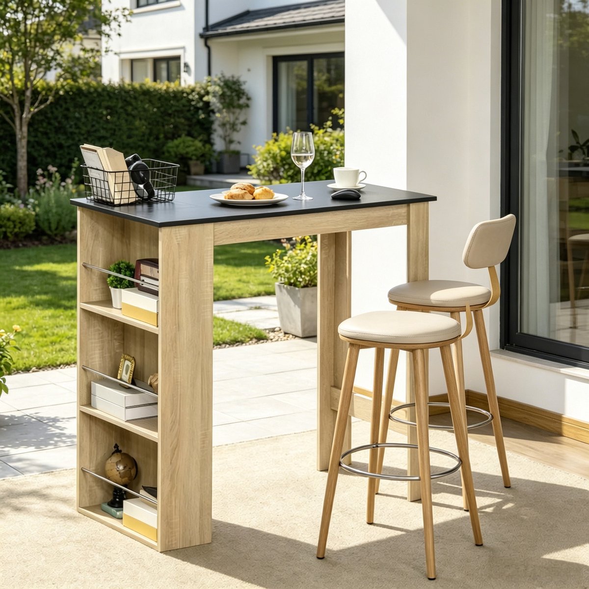DESMIU Bartafel - Modern Ontwerp Met Opbergrekken - Voor Woonkamer Keuken En Werkruimte - Spaanplaat - Zwart En Eiken - 112x57x106 Cm