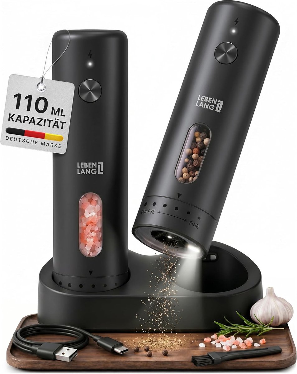 Elektrische Peper en Zoutmolen Set - Zwart - 110ml Reservoir - Oplaadbaar met 6 Maalstanden - Voor de Keuken