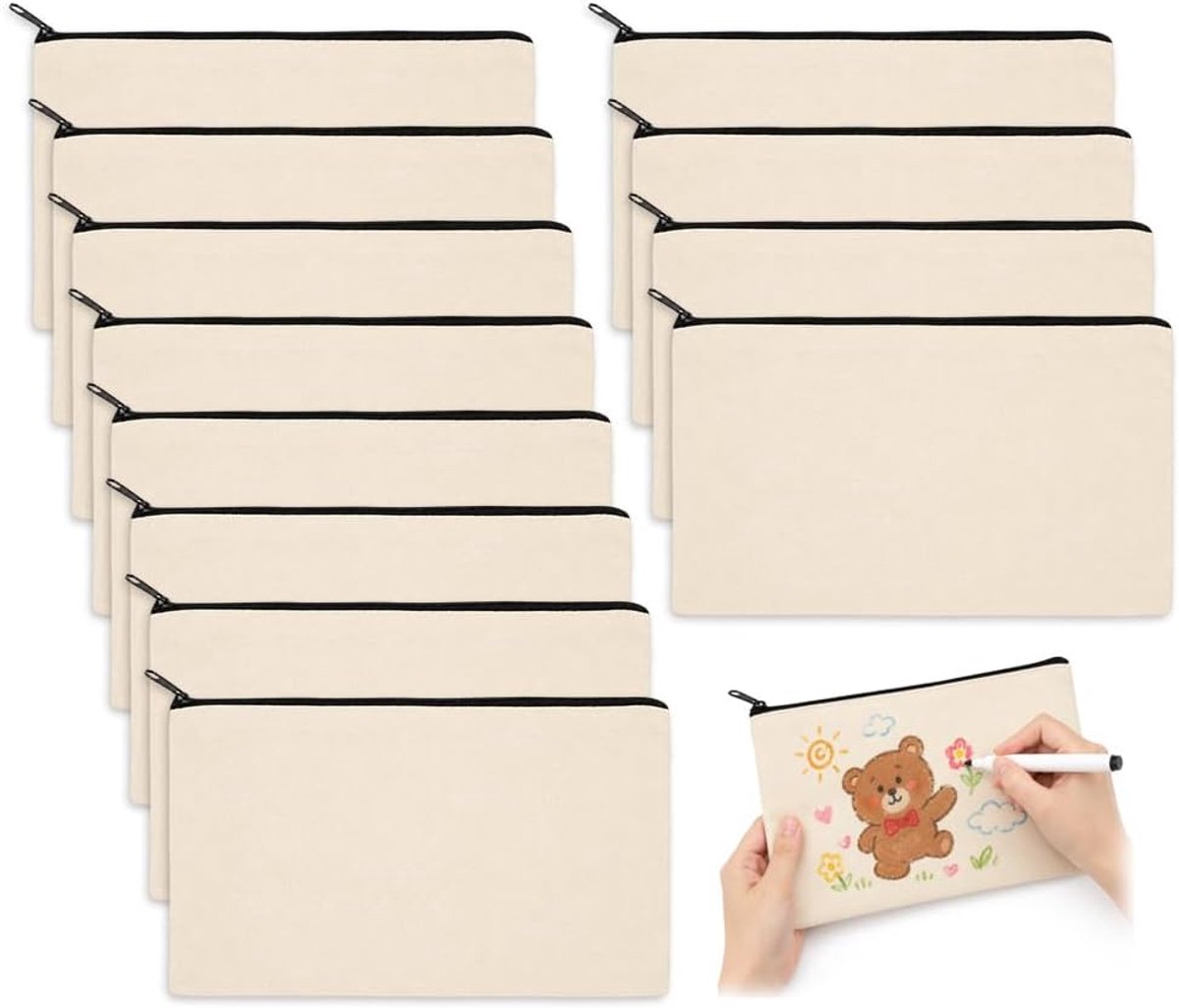 Toilettas met rits 21 x 12 cm - Canvas - Set van 12 - Ideaal voor organisatie - ShopVlot
