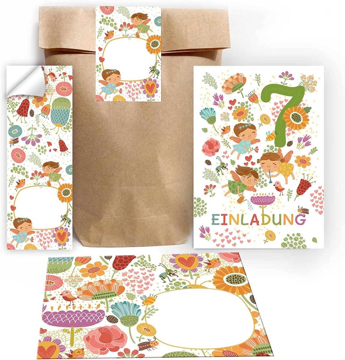 Uitnodigingskaarten 12 stuks - 7e verjaardag meisje feeën - inclusief enveloppen, zakjes en stickers - ShopVlot