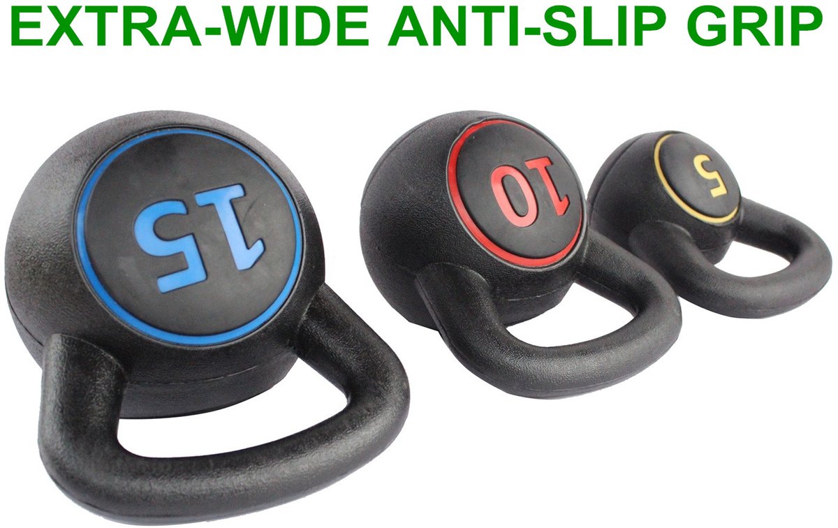COVREO Kettlebell set 5/10/15 lb, zwart, rubber met antislip handgreep