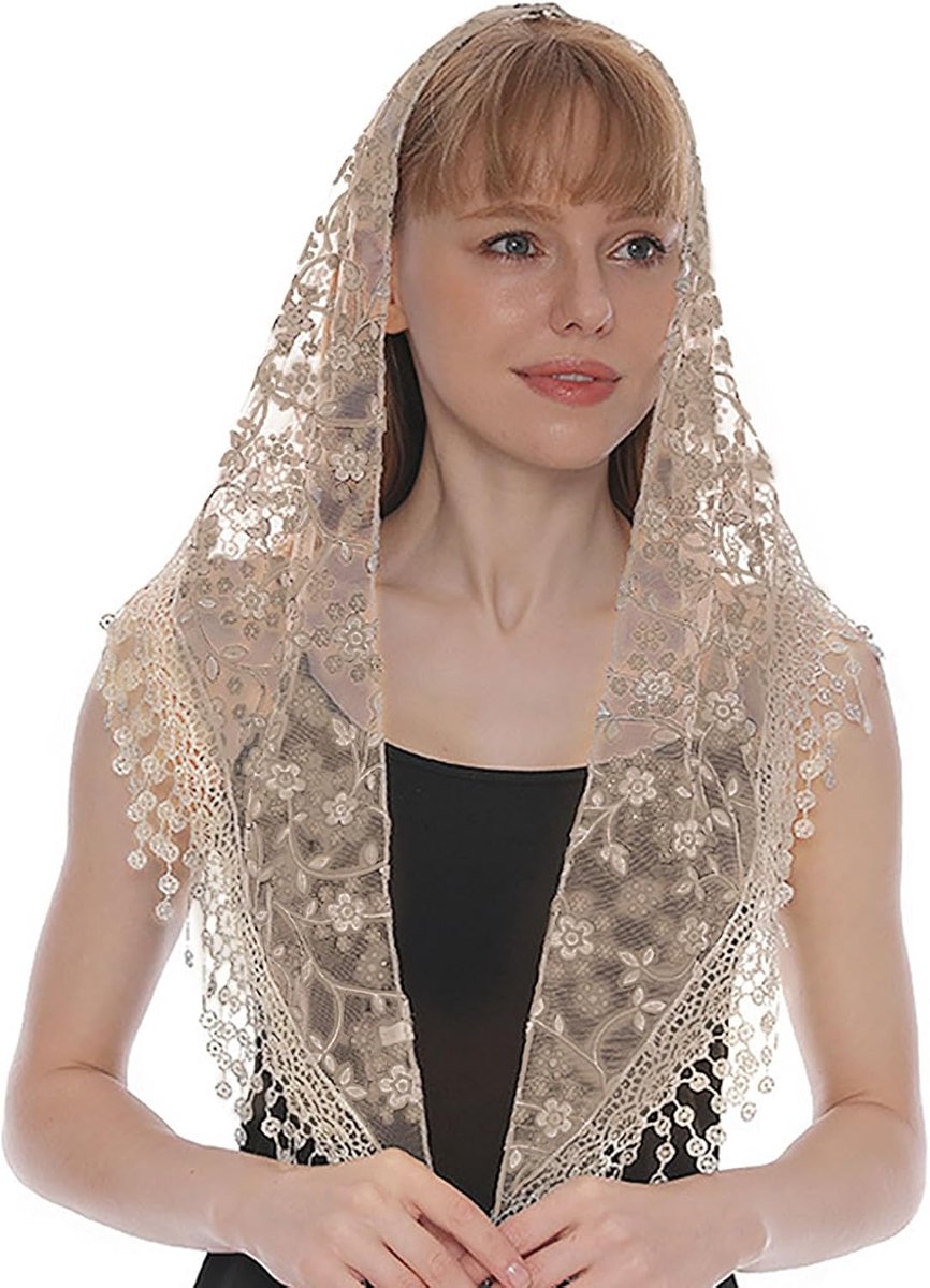 1 Piece - Floral Pattern Lace Korean Triangular Veil - Beige, Beige, One Size - ShopVlot