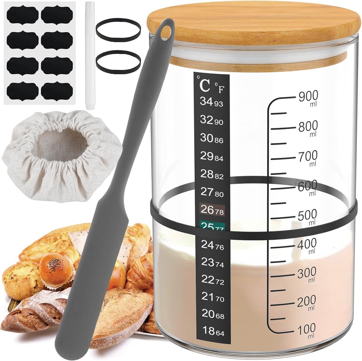 Sourdough Starter Set, Glass, 900 ml, Leaven Glass, High Temperature Resistance, 150 Fermenter Glass with Marker Band - ShopVlot