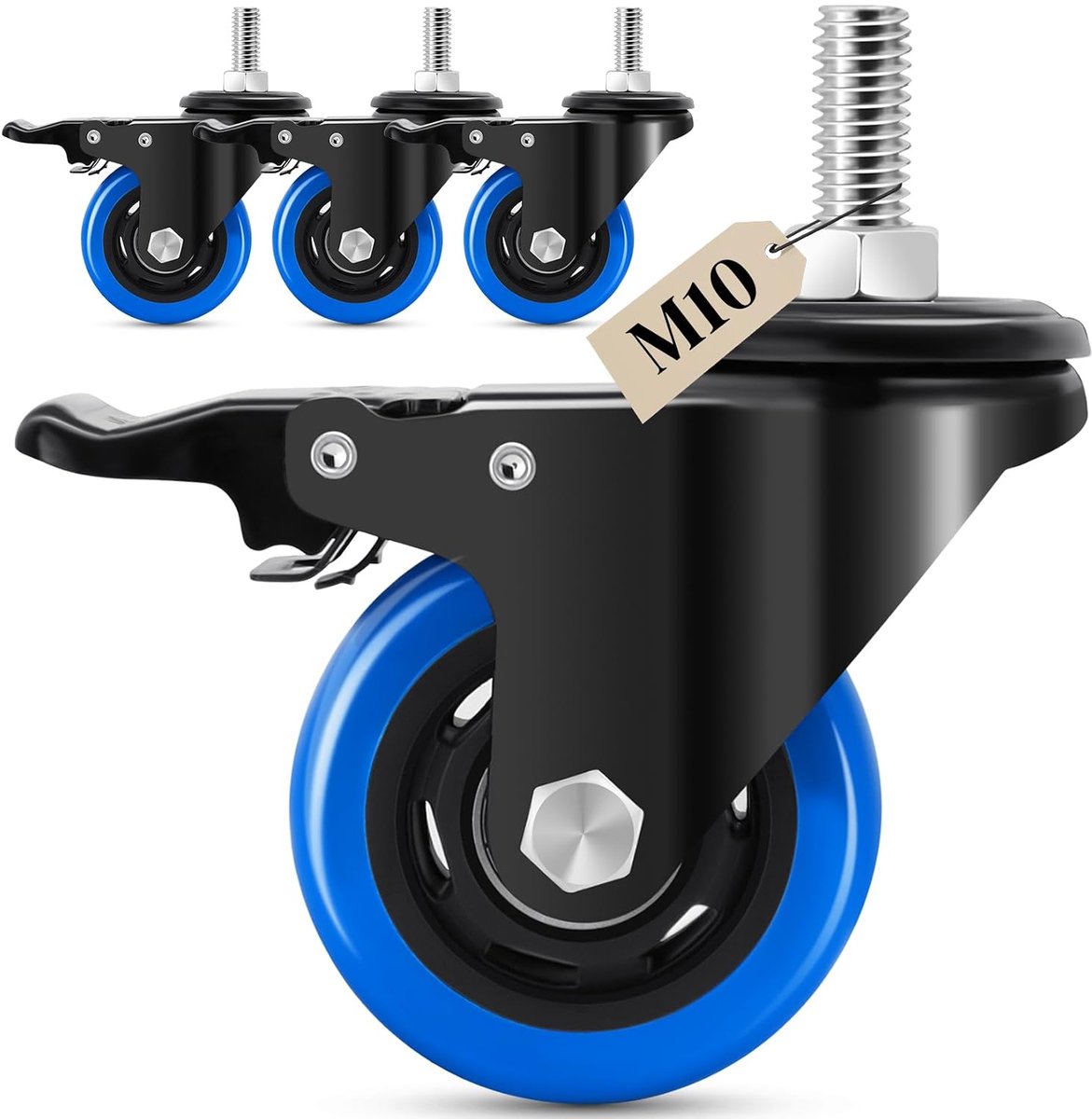 75mm Swivel Castors for Furniture with Threaded M10 x 0.3 x 30 mm, Silent Castors for Clothes Poles, Capacity 500 kg - ShopVlot