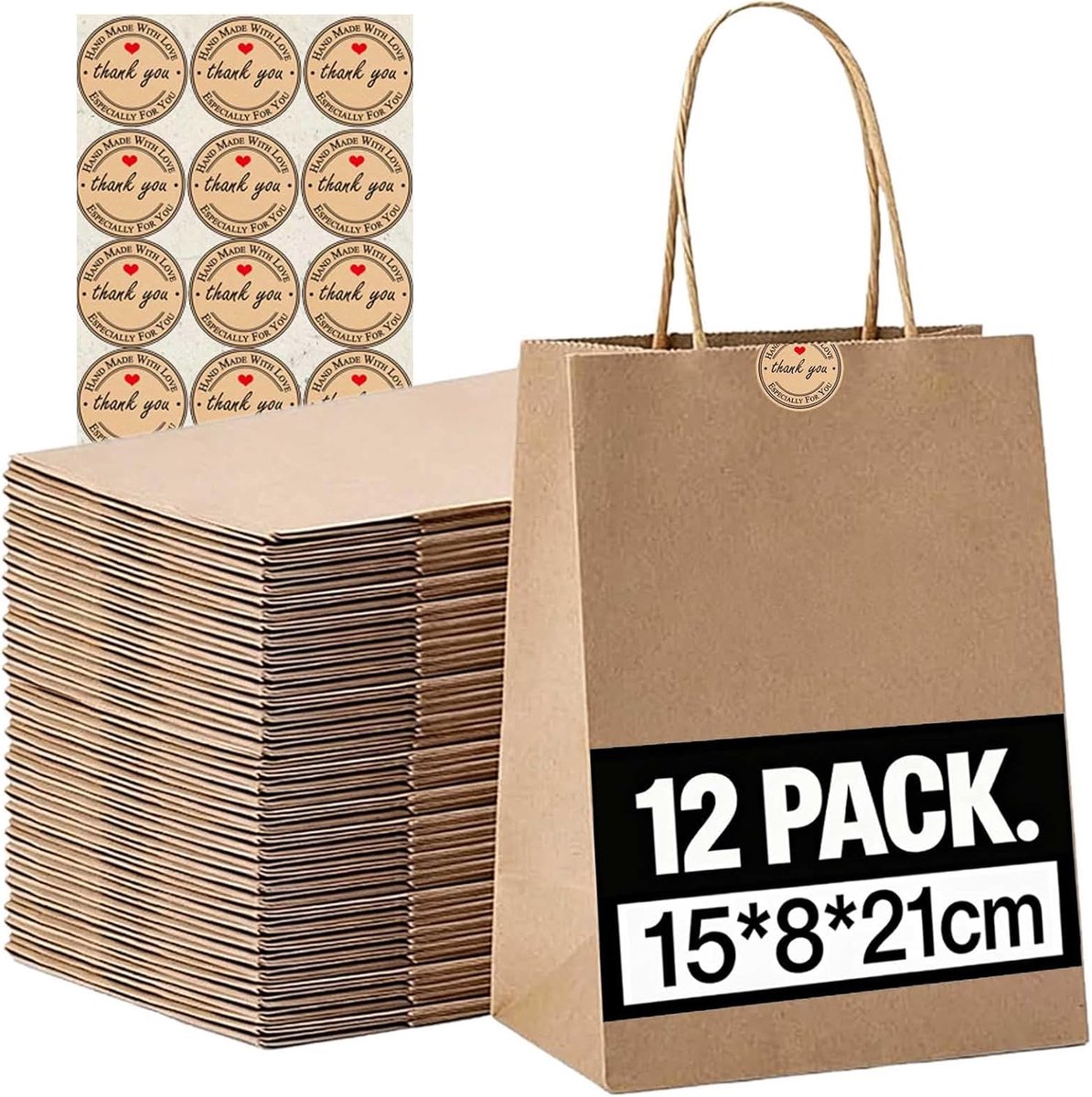 Cadeauzakjes met handvat, kleine papieren zakken met stickers, 130 g/m² kraftpapieren zakken, feestzakjes voor - ShopVlot