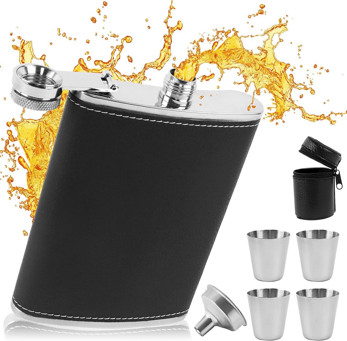 Heupfles RVS 220ml - Zwart - Inclusief trechter en 4 bekers - Ideaal voor outdoor activiteiten - ShopVlot