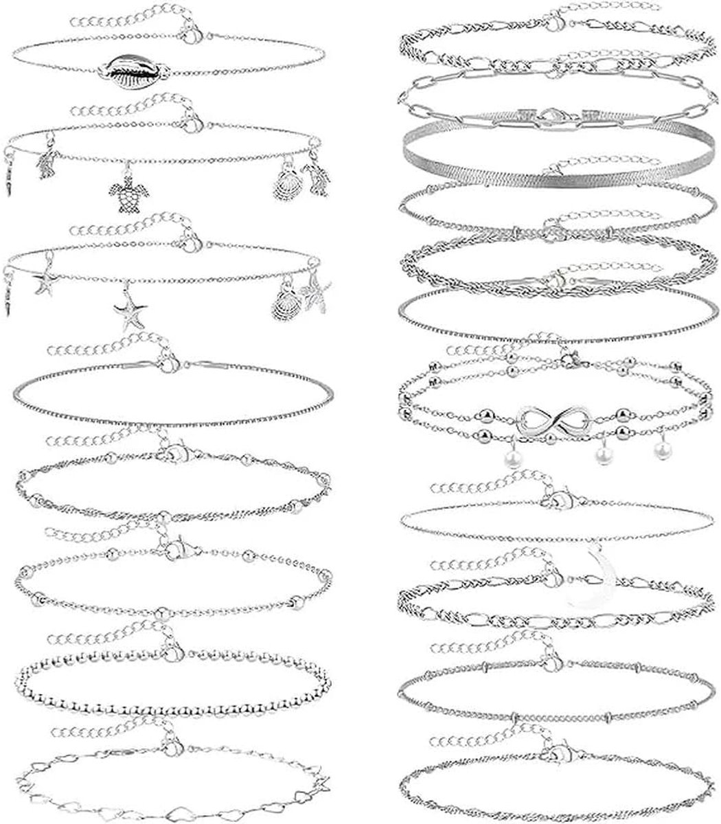 Enkelbandjes voor vrouwen - 19 stuks - vintage gelaagd zilver - verstelbaar - perfect voor de zomer - ShopVlot