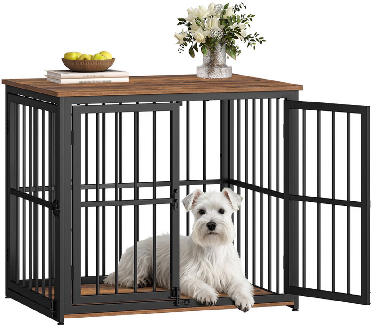 Hzuaneri Houten Hondenbench Meubel, 80 x 60 x 70 cm, Bruin en Zwart,3 Deuren en Verstelbare Zijdeur, Hondenbench Voor Binnen