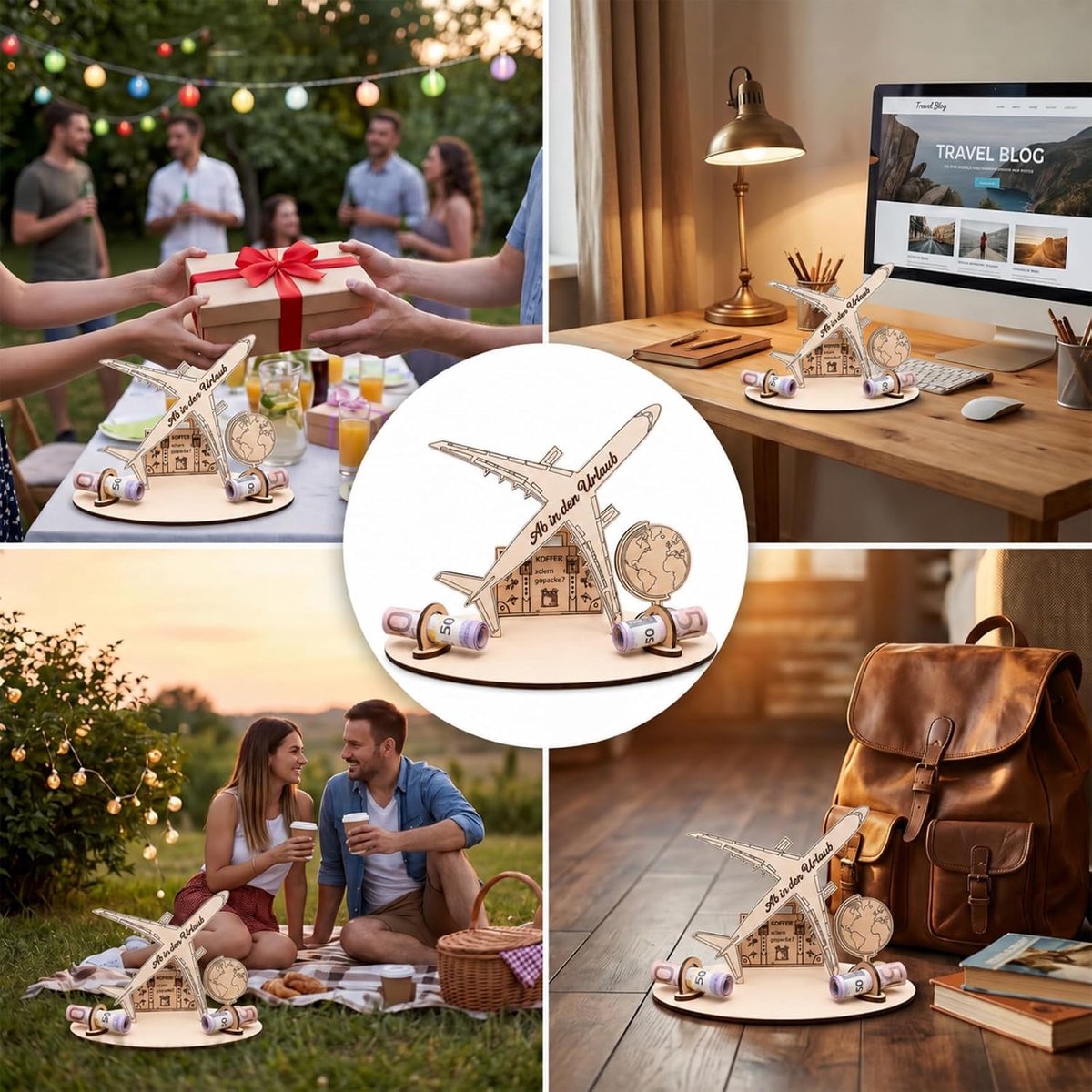 Geldgeschenk reizen van hout met vliegtuig en led-lichtketting voor reisfans - ShopVlot