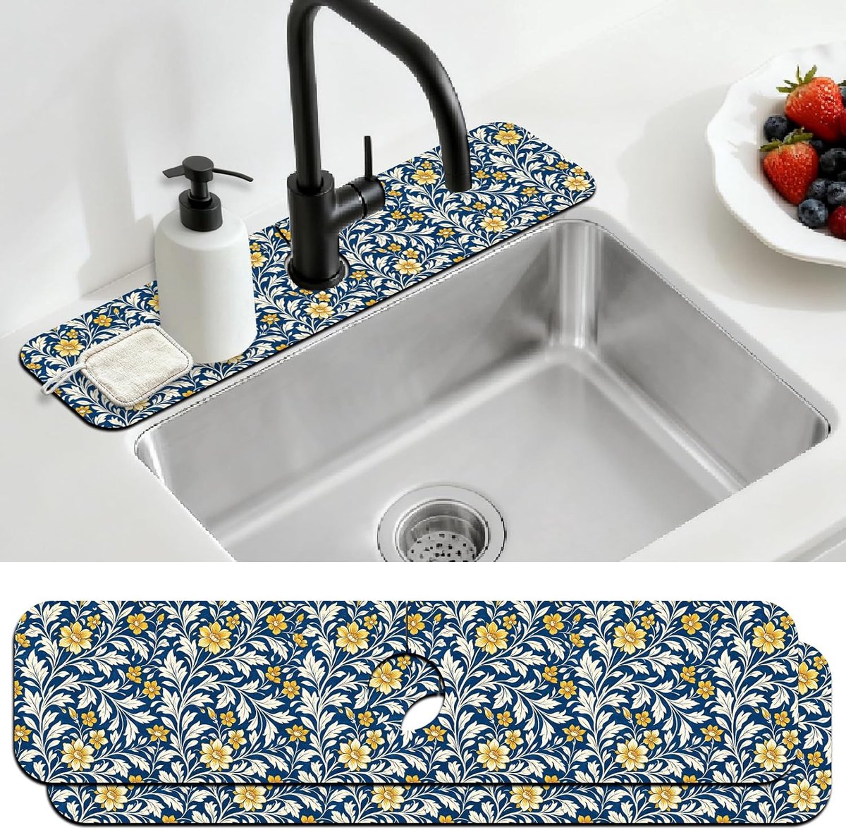 2 Stks Vintage Bladeren Aanrecht Splash Guard Kraan Mat Scrolling Wijnstokken Botanische Bloemen Patroon Kraan Mat - ShopVlot