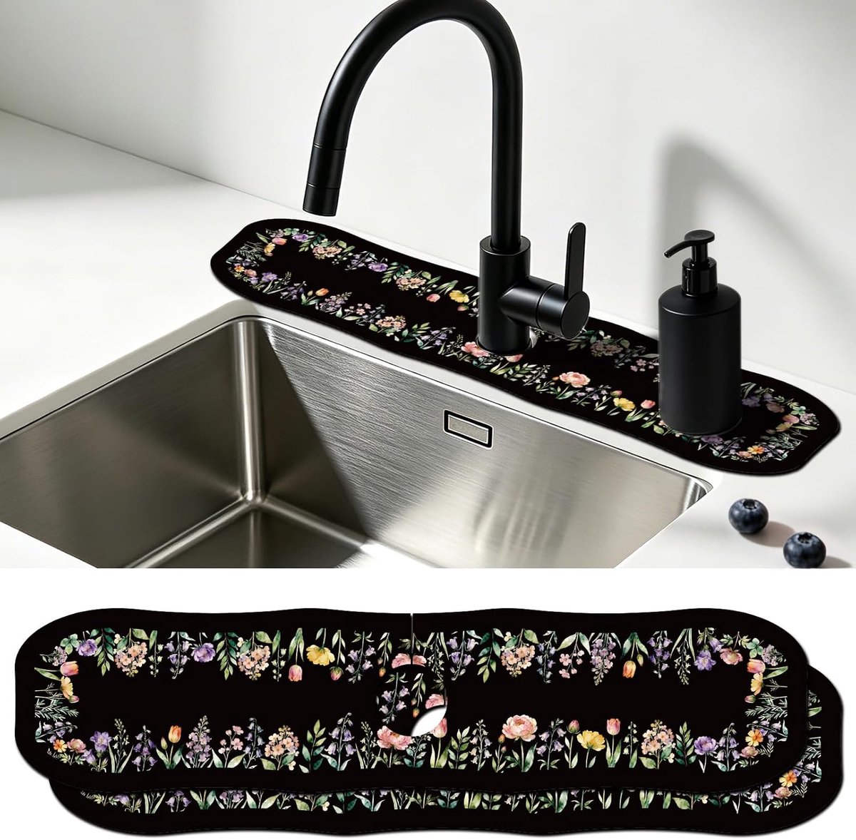 2 stuks onregelmatige keukenspoelbak, spatbescherming, kraanmat met bloemen- en varenpatroon, absorberende droogmat - ShopVlot