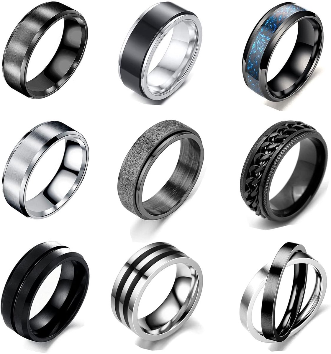 VELESAY Set of 9 Stainless Steel Rings for Men, Wide Black Chain Rings Vintage Men's Black Rings Set Stainless Steel - ShopVlot