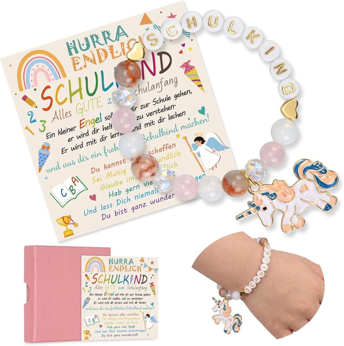 Schoolcadeau voor meisjes, beschermengel, eenhoorn-armband met wenskaart, geschenkdoos, schoolkind 2026 meisjes - ShopVlot