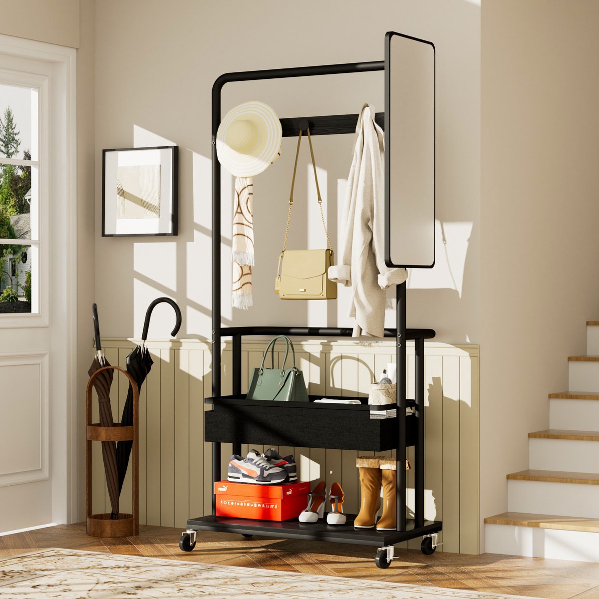 Kleiderständer Met Wielen – 3 In 1 Met Spiegel En Opbergvak – 70 X 40 X 170 Cm – Metaal – Zwart – Garderobe Voor Hal En Slaapkamer