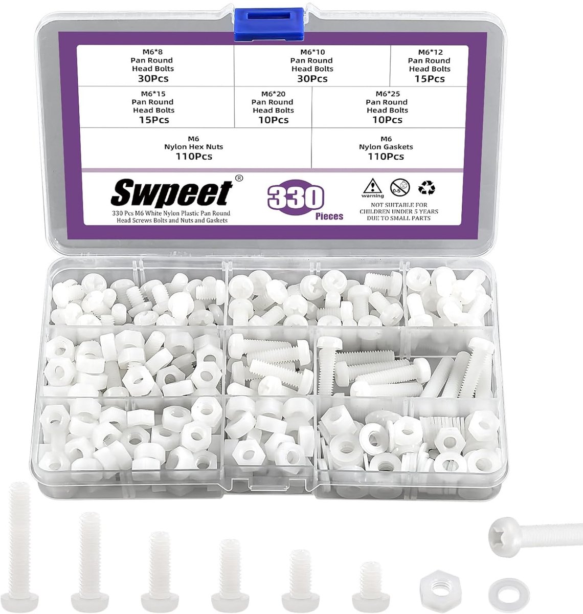 M6 nylon pan rondkop schroeven - wit - 330 stuks met moeren en afdichtringen - perfect voor veelzijdig gebruik - ShopVlot