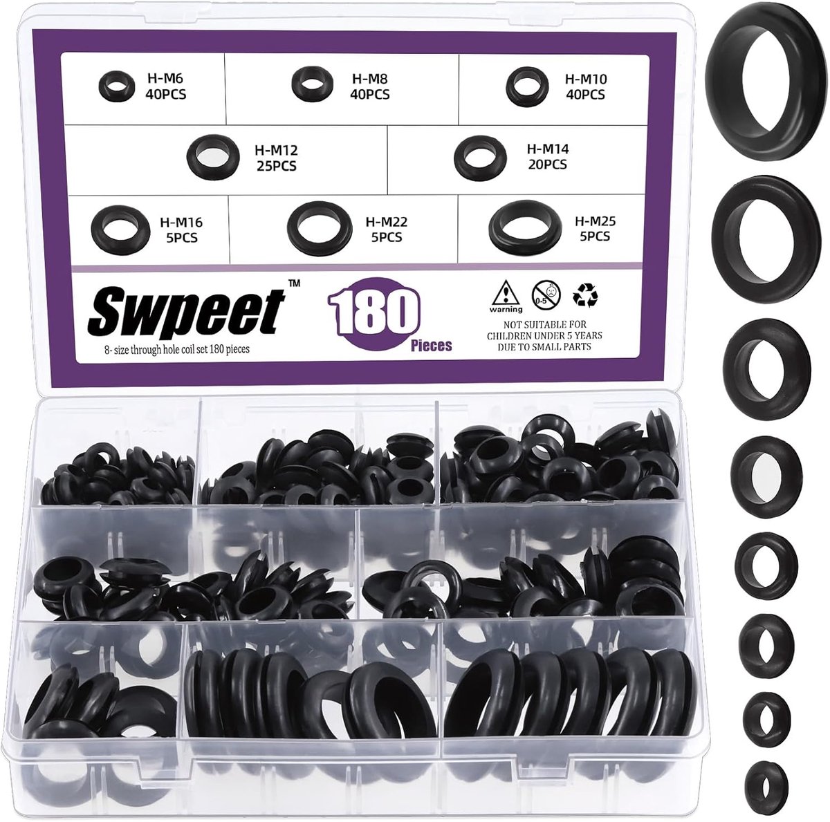 Rubber grommet assortimentset 180-delig - zwarte rubberen grommets - 8 maten - ideaal voor kabels en voertuigen - ShopVlot