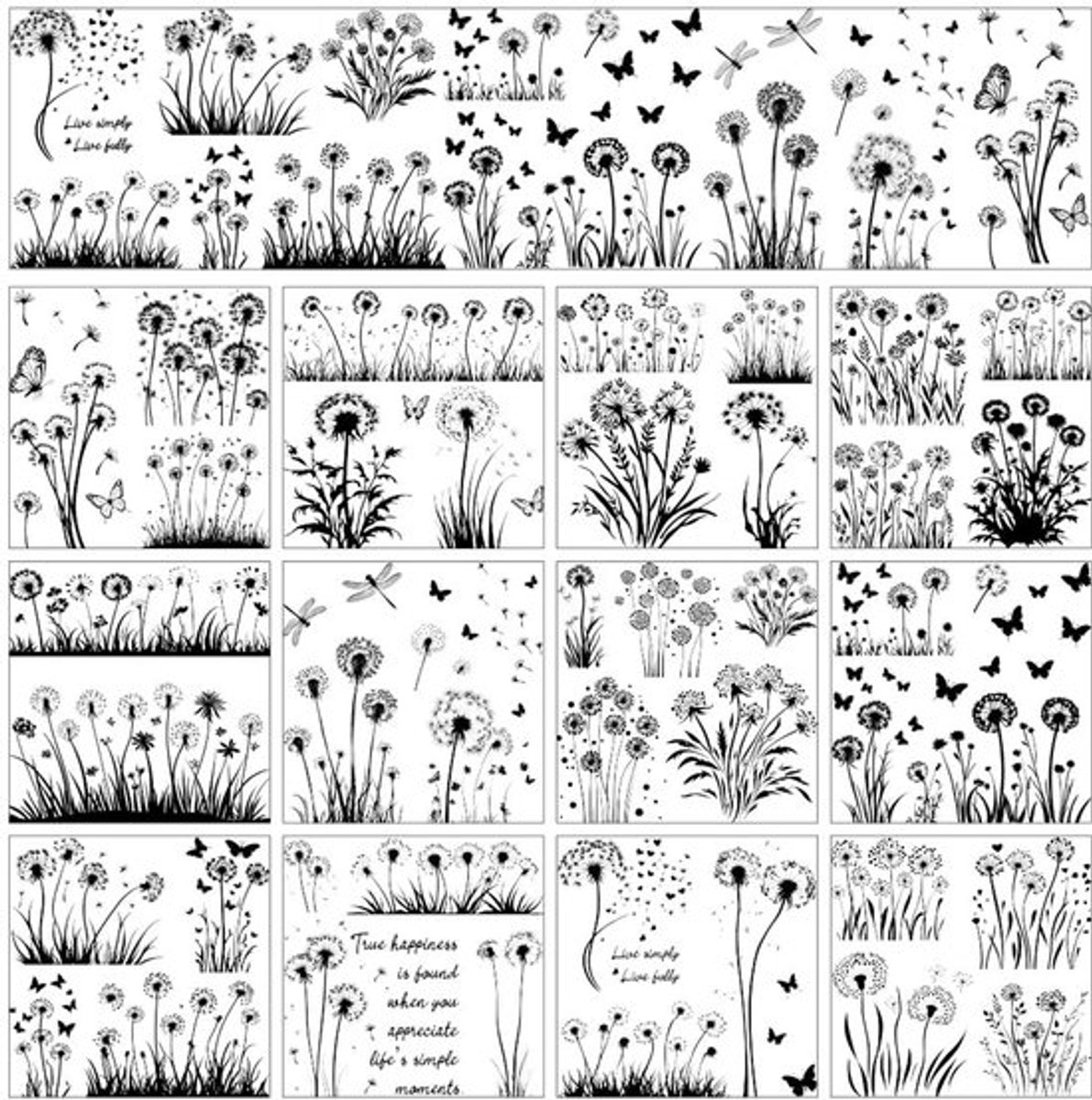 Transferstickers 12 vellen - Minimalisme-thema - Paardebloemen/Vlinders - Bloemen voor thuis/klaslokaal - Ambachten - 12 x 13 cm - Decoratiestickers