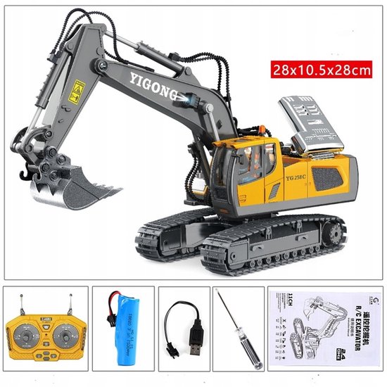 Grijze en gele RC-graafmachine met afstandsbediening, batterij, lader en schroevendraaier.