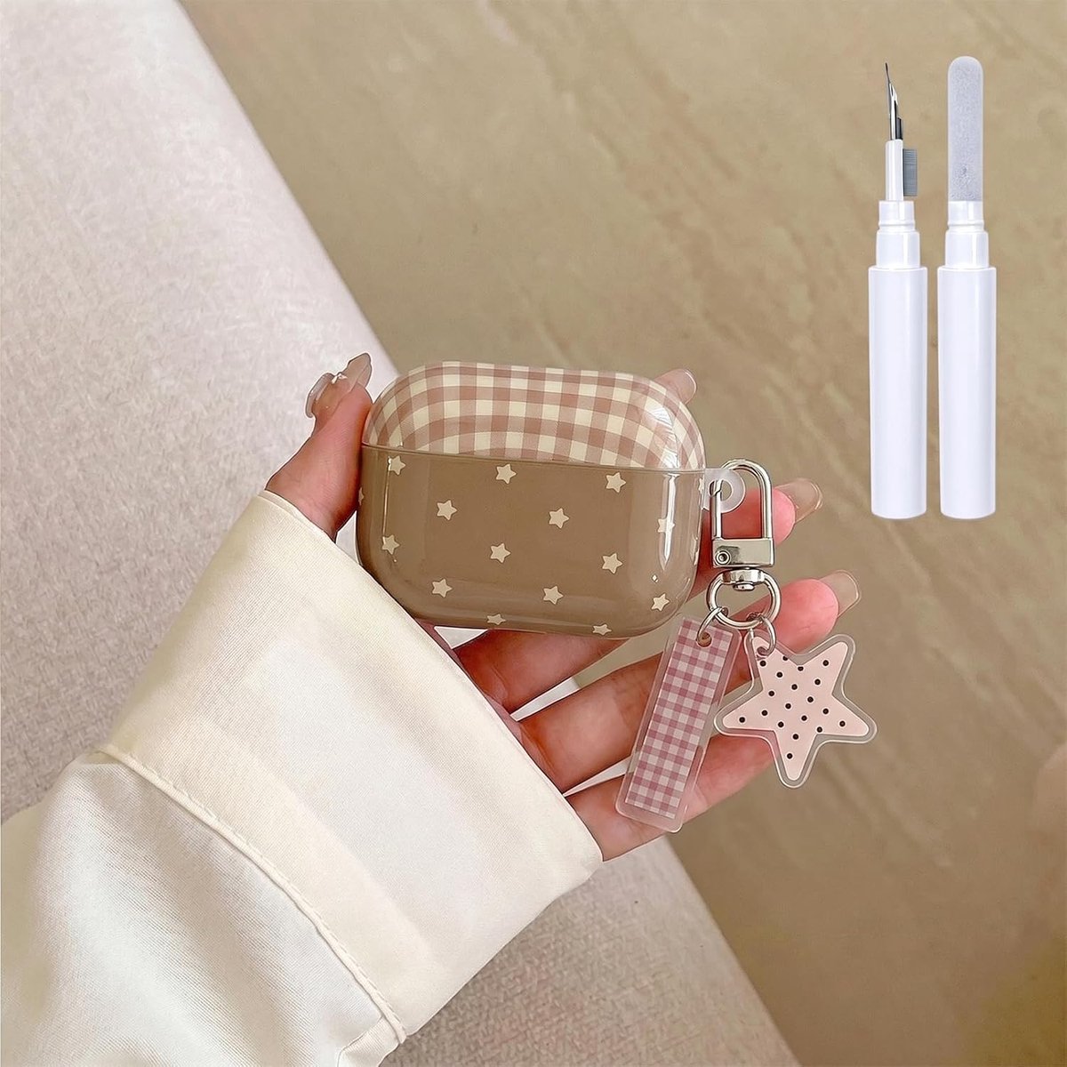 Hoesje voor AirPods Pro/Pro 2 met reinigingsset, schattig retro geruit esthetisch ontwerp ster sleutelhanger zachte - ShopVlot