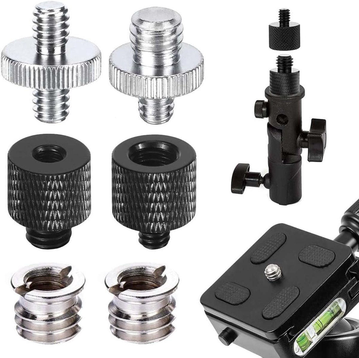 Adapter 3/8 1/4 6 pcs black silver tripod set screws nuts - ShopVlot