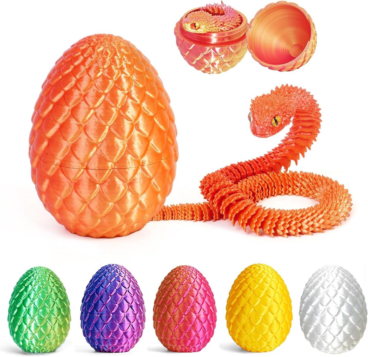 12'' 3D Printed Snake with Egg - 3D Snake Figure in Easter Eggs Hinged Snake - Office Desk Toy Fidget Toy - ShopVlot