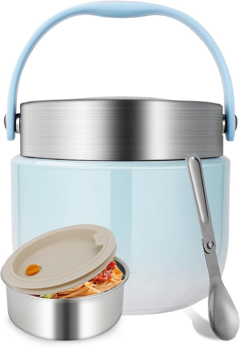 1200ml Warmhoudcontainer, Geïsoleerde Roestvrijstalen Lunchbox met Opvouwbare Lepel, Warmhoudfunctie voor School - ShopVlot