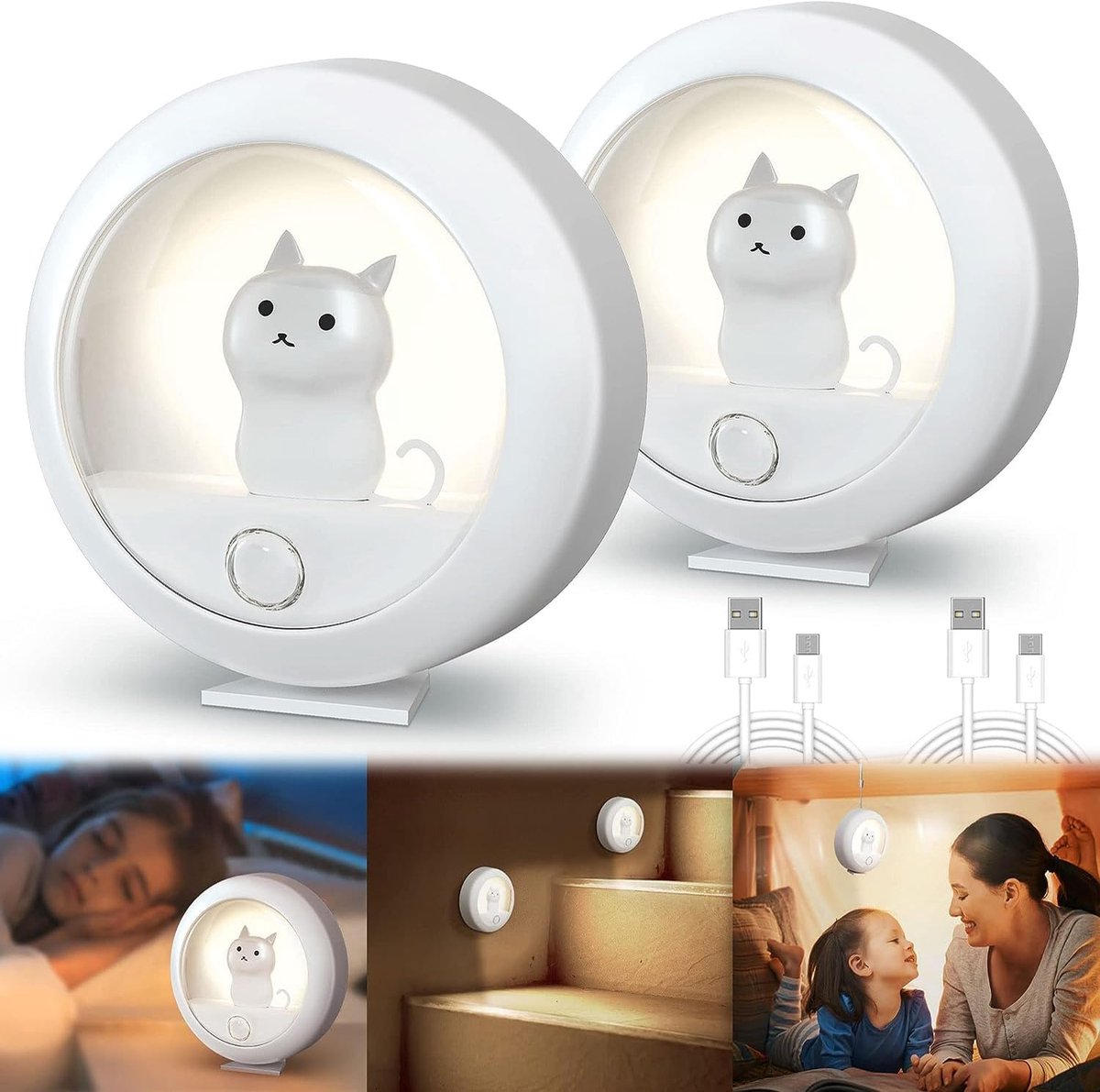 LED Night Light for Children, 2 Pieces, USB Rechargeable Portable Baby Night Light with Motion Sensor and 3 Modes - ShopVlot