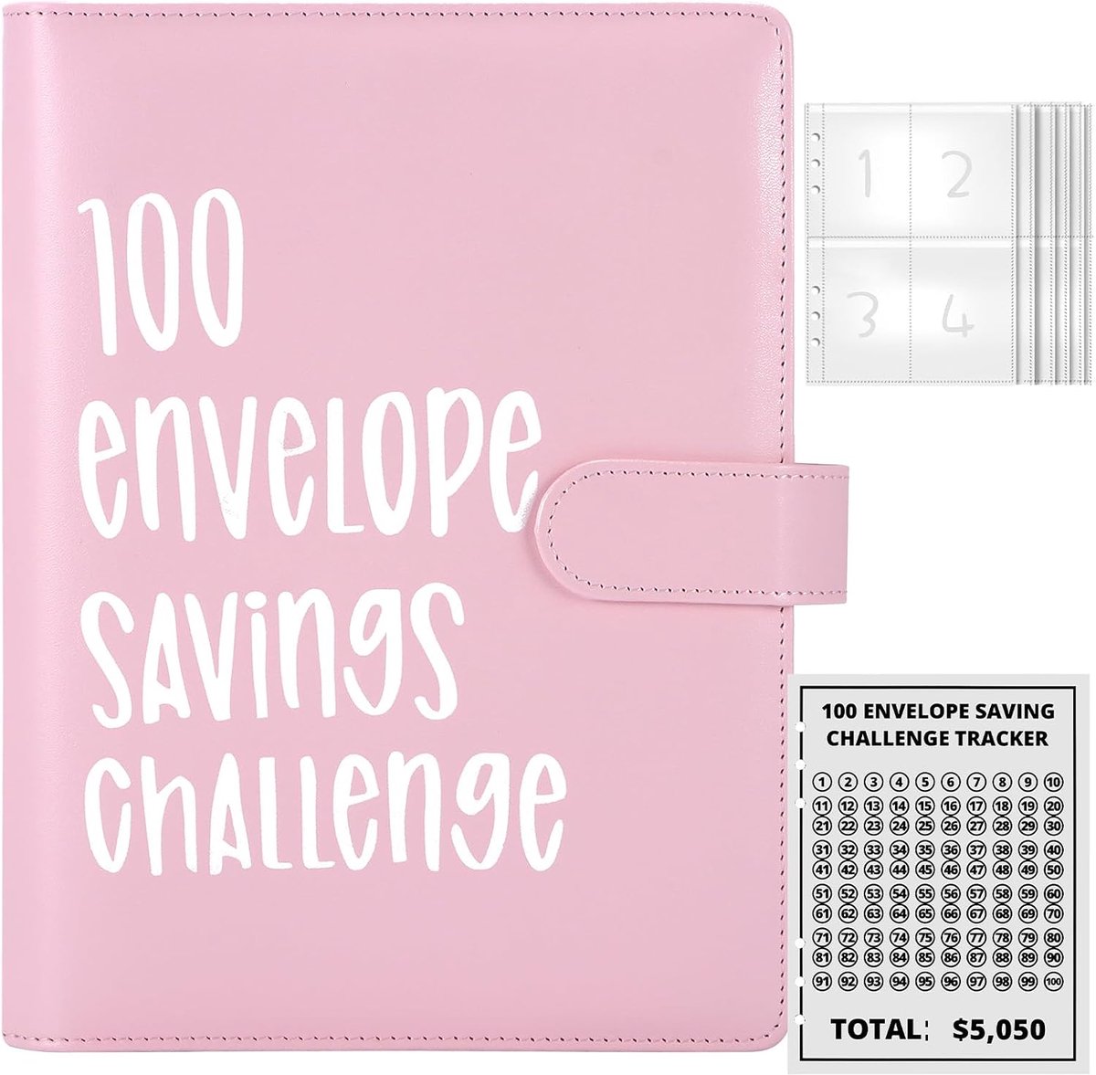 ALLOMN Challenge Binder with 100 Envelopes, A5 Money Binder, Budget Binder, Organizer with Transparent Envelopes and - ShopVlot