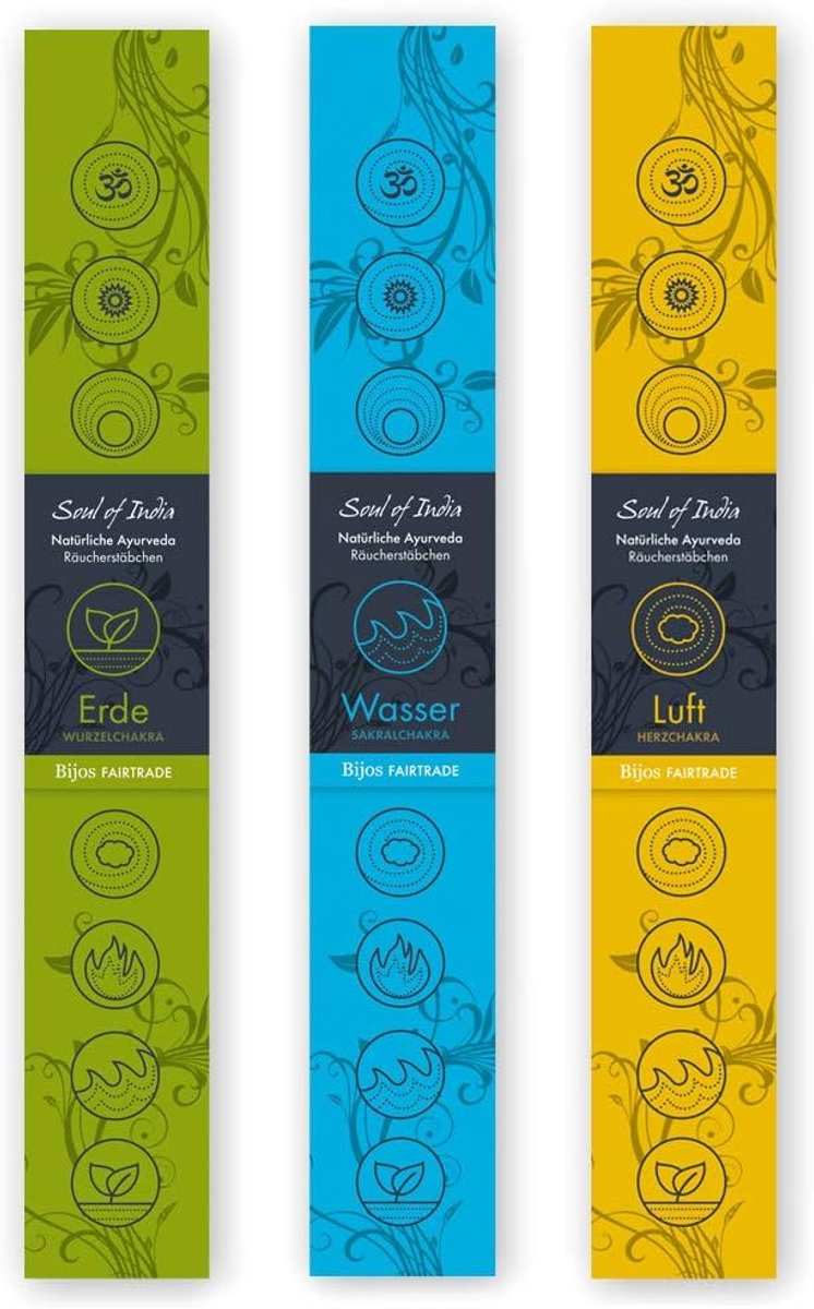Indian incense sticks set of 3 Soul of India Fair Trade: earth, water and air, each 1 pack of 14 sticks - ShopVlot