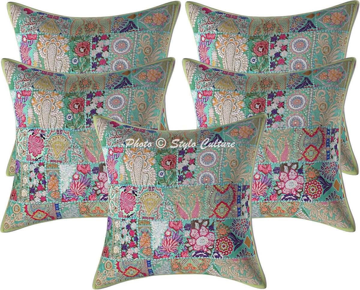 Ethnic Cotton Vintage Fabric Patchwork Boho Cushion Covers 24 x 24 Inch Large Parrot Green Abstract 60x60cm - ShopVlot