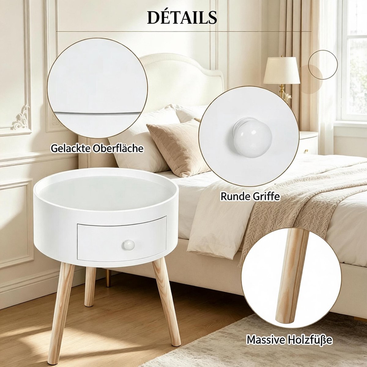 DESMIU Bedtafel Rond Met Lade En Opstaande Rand Voor Slaapkamer En Logeerkamer MDF En Hout Wit Houtlook 38x38x45 Cm
