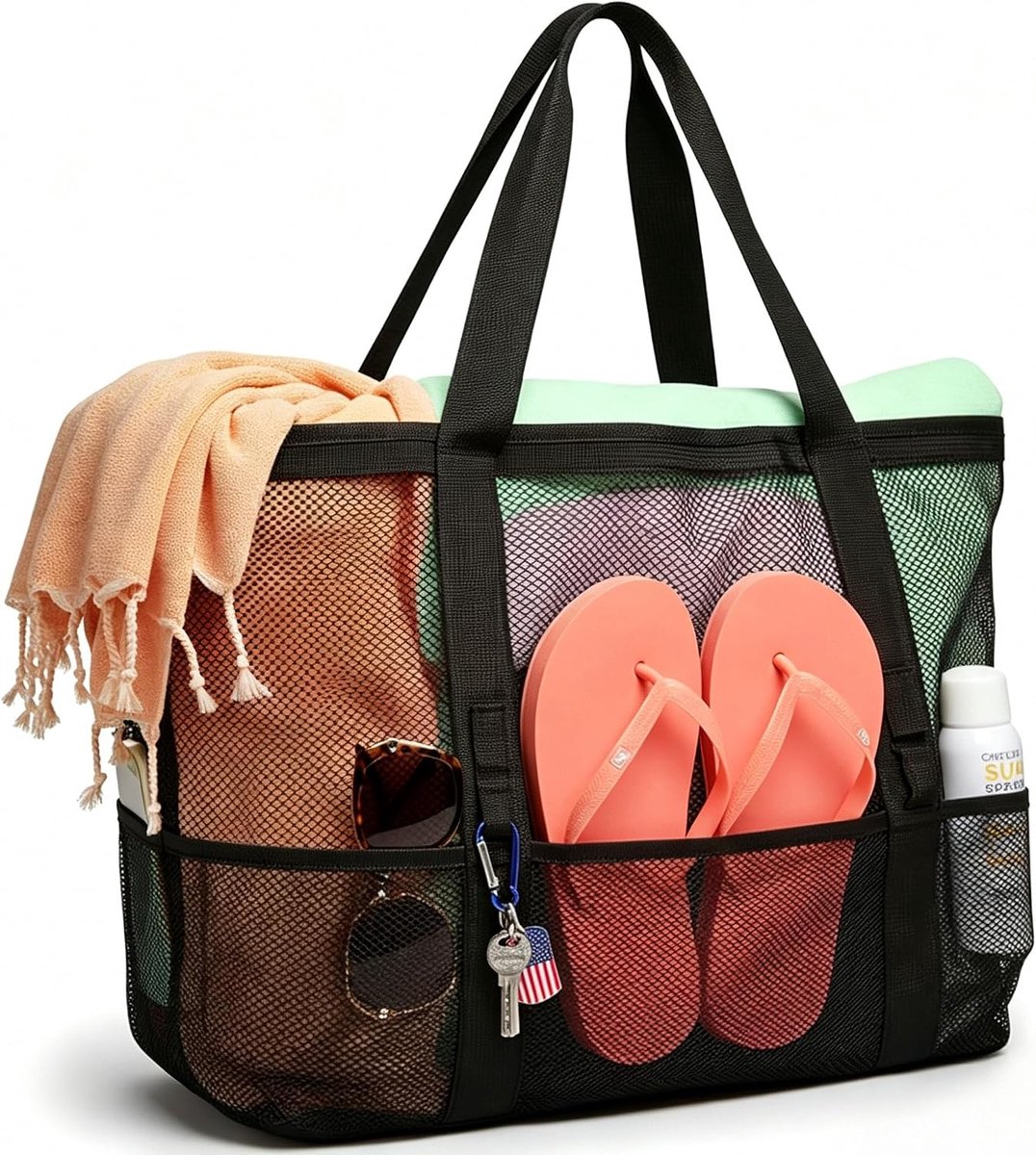 Strandtas van mesh groot formaat mesh design opvouwbare ritssluiting mesh boodschappentas geschikt voor zomervakanties - ShopVlot